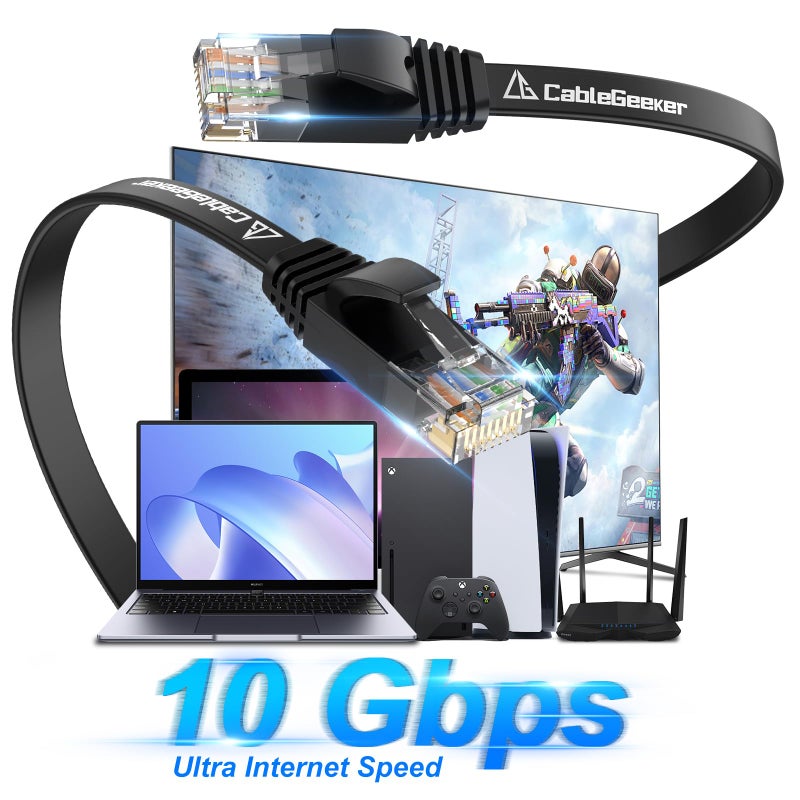 CableGeeker Cat 6 Ethernet Cable 75 ft, Indoor&Outdoor, High Speed 10Gbps Flat Internet Network Cable, Pure Copper Ethernet Patch Cable Long, Computer LAN Cable with Clips & Straps for Router, Modem, PS4/5, Black - Image 2